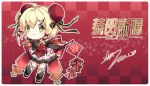  1girl ahoge alternate_costume alternate_hairstyle azur_lane bangs black_gloves blonde_hair bun_cover chibi chinese_clothes chinese_new_year closed_mouth commentary_request dated double_bun dress elbow_gloves eyebrows_visible_through_hair firecrackers gloves green_eyes hair_ribbon highres musical_note_hair_ornament nengajou new_year pink_skirt red_dress ribbon signature skirt smile solo southampton_(azur_lane) vilor 