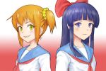  2girls :3 blonde_hair blue_eyes blue_hair bow breasts flasso hair_bow hair_ornament hair_scrunchie long_hair looking_at_viewer multiple_girls personification pipimi poptepipic popuko school_uniform scrunchie serafuku short_hair simple_background smile 