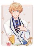  1boy arthur_pendragon_(fate) blonde_hair blue_neckwear blush csyko fate/grand_order fate/prototype fate_(series) flower formal gift green_eyes highres necktie pinstripe_pattern rose solo sparkle striped suit summon_ticket white_rose_(fate/grand_order) white_suit 