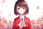  1girl brooch brown_eyes brown_hair check_character flower hand_up jewelry looking_at_viewer lunacle red_shirt rei_taylor shirt simple_background smile solo standing upper_body watashi_no_oshi_wa_akuyaku_reijou white_background white_neckwear 