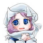  1girl avatar_icon blue_eyes bow chamaji close-up eyebrows_visible_through_hair hands_together hat hat_bow hat_ribbon letty_whiterock long_sleeves looking_at_viewer lowres mob_cap open_mouth purple_hair ribbon scarf short_hair signature simple_background snowflakes solo touhou triangular_headpiece upper_body white_background 