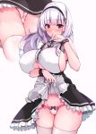  1girl azur_lane bangs black_hairband blunt_bangs blush breasts covering_mouth dido_(azur_lane) eyebrows_visible_through_hair frilled_panties frills hairband hand_over_own_mouth highres huge_breasts lifted_by_self long_hair looking_at_viewer navel panties pink_eyes pink_panties sezoku sideboob simple_background solo striped thighhighs underboob underboob_cutout underwear vertical-striped_panties vertical_stripes white_background white_hair white_legwear 