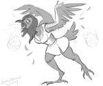  2020 anthro avian beak beingobscene bird bottomwear breasts clothing feathered_wings feathers female hair monochrome navel on_one_leg open_mouth pom_poms simple_background skirt solo standing talons torn_clothing transformation white_background wings 