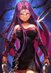  1girl bangs bare_shoulders black_dress blue_background breasts chain cleavage closed_mouth collar collarbone dagger detached_sleeves dress facial_mark fate/stay_night fate_(series) forehead forehead_mark hankuri large_breasts long_hair looking_at_viewer nameless_dagger parted_bangs purple_eyes purple_hair rider short_dress solo strapless strapless_dress very_long_hair weapon 