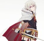  1boy astolfo_(fate) astolfo_(fate)_(cosplay) blue_eyes cape cosplay csyko fate/apocrypha fate/grand_order fate_(series) fur-trimmed_cape fur_trim gao_changgong_(fate) garter_straps grey_hair hair_between_eyes highres holding holding_sword holding_weapon male_focus no_mask short_hair silver_hair solo sword weapon 