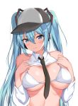  1girl baseball_cap blue_eyes blue_hair blush breasts hair_between_eyes hat hatsune_miku headphones highres hisuka large_breasts long_hair necktie parted_lips sidelocks simple_background solo twintails upper_body vocaloid white_background white_bikini_top 