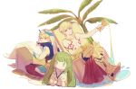  2boys arabian_clothes armor character_doll cropped_vest csyko cuneiform dual_persona enkidu_(fate/strange_fake) fate/grand_order fate_(series) gilgamesh gilgamesh_(caster)_(fate) goblet highres jewelry multiple_boys necklace palm_tree pouring shirtless sitting tattoo tree turban writing 