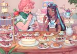  1boy 1girl :d ^_^ alcremie applin aqua_eyes aqua_hair armband artist_name bare_shoulders black_hair blurry blurry_background cake cherry closed_eyes commentary_request cup dark_skin ear_clip earrings eating eclair_(food) food fork fruit gigantamax_alcremie gym_leader holding holding_fork hoop_earrings jewelry long_hair milcery multicolored_hair no_gloves open_mouth pastry pie pink_hair plate pokemon pokemon_(creature) pokemon_(game) pokemon_swsh polteageist rurina_(pokemon) sakai_(motomei) short_sleeves slice_of_cake slice_of_pie smile strawberry sweets table tank_top tea_party teacup teapot tiered_tray two-tone_hair yarrow_(pokemon) 