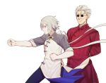  2boys arms_behind_back blue_eyes chinese_clothes csyko fate/grand_order fate_(series) fighting_stance gao_changgong_(fate) grey_hair hair_between_eyes highres li_shuwen_(fate/grand_order) male_focus multiple_boys no_mask old_man round_eyewear short_hair silver_hair sunglasses tangzhuang training 