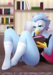  2020 anthro avian beak bird blue_body blue_eyes bookshelf breasts clothing columbid dannyckoo dodo female furniture hi_res inside legwear reading sitting smile socks solo tresertf 