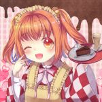 1girl ;d apron arms_up brown_background cake cappuccino_(drink) character_name checkered checkered_background checkered_kimono chocolate_cake clothes_writing commentary_request cup drinking_glass eyebrows_visible_through_hair finger_to_cheek food fork furisode head_tilt heart highres holding holding_tray japanese_clothes kimono maid_headdress motoori_kosuzu neck_ribbon one_eye_closed open_mouth pink_background plate red_eyes red_hair ribbon saucer slice_of_cake smile solo spoon striped striped_neckwear striped_ribbon tomo_takino touhou tray twintails valentine 