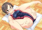  1girl barefoot black_swimsuit brown_hair competition_swimsuit green_eyes hair_ornament hairclip highres legs_up lying one-piece_swimsuit original red-framed_eyewear short_hair solo spread_legs swimsuit takafumi two-tone_swimsuit wooden_floor 