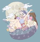  1girl ahoge alarm_clock arm_up banana_takemura blue_footwear blue_headwear blush_stickers book clock cloud full_body full_moon grey_eyes hand_up hat horns legs_up moon nightcap nightgown on_bed open_mouth original pillow plant polka_dot_hat potted_plant sheep sheep_horns short_hair slippers stretch white_hair yawning 