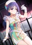  1girl ajapar amazing_travel_dna aqua_earrings azalea_(love_live!) bang blue_hair blush bracelet collarbone dress eyebrows_visible_through_hair finger_gun gloves hair_ornament hat headwear highres jewelry legs legs_together long_ponytail love_live! love_live!_school_idol_festival love_live!_sunshine!! matsuura_kanan multicolored multicolored_clothes multicolored_dress necklace outstretched_arm ponytail purple_eyes shorts shorts_under_dress solo sparks triangle triangle_hair_ornament white_gloves 