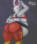  2020 anthro belly big_belly big_breasts big_butt breasts butt camel_toe cinderace clothed clothing female hi_res huge_breasts j5furry nintendo plump_camel_toe pok&eacute;mon pok&eacute;mon_(species) scut_tail simple_background solo video_games 