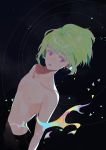  1boy androgynous butterfly39561 green_hair light_green_hair lio_fotia male_focus multicolored_fire pastel_colors promare purple_eyes shirtless solo 