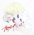  1boy androgynous butterfly39561 copyright_name fire gloves green_fire green_hair half_gloves highres light_green_hair lio_fotia male_focus multicolored_fire pastel_colors promare purple_eyes purple_fire solo 