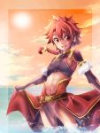  1boy alexander_(fate/grand_order) braid fate/grand_order fate_(series) leather leather_armor long_hair male_focus midriff mitsu_(nonoko05) overskirt partially_submerged red_eyes red_hair single_braid skirt skirt_lift solo sun 