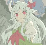  1girl bamboo bamboo_forest banana_takemura bow cloud commentary dress ex-keine forest green_dress green_hair highres horn_bow horns kamishirasawa_keine long_hair looking_at_viewer nature night outdoors puffy_short_sleeves puffy_sleeves red_bow red_eyes red_neckwear shirt short_sleeves solo touhou upper_body white_shirt 