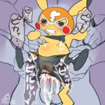  1:1 abdominal_bulge anthro balls black_nose bodily_fluids breasts cleft_tail clothed clothing cosplay_pikachu_(character) cosplay_pikachu_(costume) costume cotora cum cum_in_pussy cum_inside digital_media_(artwork) drooling duo erection faceless_male fangs female female_penetrated full_nelson genital_fluids genitals half-closed_eyes larger_male lucha_libre_mask luchador machamp male male/female male_penetrating male_penetrating_female mammal mask narrowed_eyes nintendo penetration penis pikachu pikachu_libre plump_labia pok&eacute;mon pok&eacute;mon_(species) pussy pussy_juice restrained saliva seductive sex short_stack size_difference sketch smaller_female smile sports_mask sportswear tears through_clothing tight_clothing urine vaginal vaginal_penetration vein video_games wrestler wrestling_mask yellow_body yellow_skin 