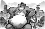  2020 anthro aokmaidu belly detailed_background humanoid_hands macro male monochrome monster overweight overweight_male rumble_(movie) sitting solo 
