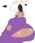  ahoge animal_humanoid big_breasts blair_(simplephobiaxd) breasts bust_portrait cleavage cleavage_cutout clothed clothing dipstick_ears disembodied_hand duo ears_down facial_markings female hair hair_over_eyes head_markings head_pat huge_breasts humanoid keyhole_turtleneck lagomorph lagomorph_humanoid leporid_humanoid long_hair mammal mammal_humanoid markings multicolored_ears open_mouth petting pivoted_ears portrait rabbit_humanoid simple-phobiaxd simple_background smile solo_focus sweater tan_body tan_skin topwear white_background white_hair 
