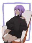  1girl armchair bangs bare_shoulders black_legwear black_sweater blush chair closed_mouth dark_skin eyebrows_visible_through_hair fate/prototype fate/prototype:_fragments_of_blue_and_silver fate_(series) hassan_of_serenity_(fate) i.u.y kneehighs long_sleeves looking_at_viewer on_chair purple_background purple_eyes purple_hair sidelocks sitting sleeves_past_fingers sleeves_past_wrists smile solo sweater turtleneck turtleneck_sweater two-tone_background white_background 