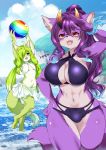  beach big_breasts bikini blush breasts clothing female full_bokko_heroes_x fullbokko_heroes fur ginkaku_(full_bokko_heroes) hair hati_(full_bokko_heroes_x) hati_(fullbokko_heroes) kemono long_hair mammal medium_breasts ruri_tsubame sand sea seaside silver_horned_king_(full_bokko_heroes) smile standing swimwear water yellow_eyes 