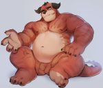  2020 anthro balls belly cute_fangs flaccid genitals hi_res humanoid_hands male monster moobs navel nipples overweight overweight_male penis rumble_(movie) simple_background sitting sollyz solo 