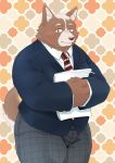  00makumakuma00 2020 anthro bottomwear brown_body brown_fur bulge canid canine clothing fur hi_res humanoid_hands kemono male mammal pants shirt slightly_chubby solo topwear 