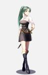  1girl absurdres belt boots breasts closed_mouth earrings fire_emblem fire_emblem:_the_blazing_blade fire_emblem:_three_houses full_body garreg_mach_monastery_uniform green_eyes green_hair grey_background gzo1206 highres jewelry knee_boots large_breasts long_hair lyn_(fire_emblem) ponytail scabbard sheath sheathed simple_background smile solo sword uniform weapon 