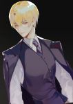  1boy absurdres blonde_hair butterfly39561 fate/grand_order fate_(series) gilgamesh gilgamesh_(caster)_(fate) heroic_spirit_formal_dress highres jacket_on_shoulders male_focus necktie red_eyes solo striped striped_neckwear waistcoat 