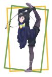  1girl ballet ballet_slippers bird_wings black_gloves black_hair black_legwear black_shorts blue_eyes blue_neckwear blue_ribbon bow bowtie commentary_request elbow_gloves eyebrows_visible_through_hair flexible frilled_shorts frills full_body gloves hand_on_foot head_wings highres kemono_friends multicolored_neckwear navy_blue_dress pantyhose purple_footwear ribbon shoe_bow shoes short_hair shorts solo standing stretch tanabe_(fueisei) western_parotia_(kemono_friends) wings yellow_neckwear 