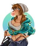  1girl absurdres alternate_breast_size apricot_knight artist_name beanie blue_eyes blush borrowed_character breasts brooke_(mathias_leth) brown_hair bubble_blowing chewing_gum cleavage commentary cowboy_shot cropped_jacket english_commentary freckles green_jacket groin gun hand_on_hip hat highres hood hood_down hooded_jacket jacket looking_at_viewer medium_breasts medium_hair midriff navel open_fly original panties red_panties rifle solo sports_bra standing strap underwear unzipped weapon zipper_pull_tab 