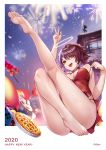  2020 :d alov arknights arm_up artist_name ass bare_legs barefoot blurry breasts china_dress chinese_clothes chopsticks cropped depth_of_field dress exusiai_(arknights) eyebrows_visible_through_hair feet fireworks full_body glint halo happy_new_year highres lantern medium_breasts new_year open_mouth orange_eyes outdoors outside_border panties paper_lantern red_dress red_hair short_dress short_hair side-tie_panties smile soles toenail_polish underwear w 