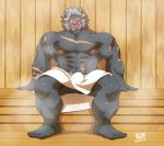  2020 5_toes abs anthro balls big_muscles black_body black_claws black_fur blue_hair blush bodily_fluids claws demon fur genitals hair hi_res horn krampus_(housamo) male muscular muscular_male nipples pecs pink_nipples plantigrade red_nose sauna scar sitting solo subaru_aotk sweat tenting toes tokyo_afterschool_summoners towel tusks video_games 