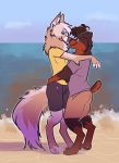  anthro arm_tuft beach beachfront bottomwear brown_body brown_fur brown_hair brown_nose canid canine canis claws clothing couple_(disambiguation) domestic_dog elbow_tufts embrace fingers fox fur grey_claws grey_nose hair hi_res hug male male/male mammal paws pink_claws sand sea seaside shirt shorts sky tailtufts topwear tuft water wave white_body white_fur 
