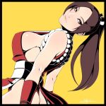  1girl arm_guards bare_shoulders breasts brown_eyes fatal_fury from_side hair_tie high_ponytail its_just_suppi large_breasts long_hair looking_to_the_side ninja obi pelvic_curtain pink_lips ponytail revealing_clothes rope sash shiranui_mai sideboob the_king_of_fighters yellow_background 