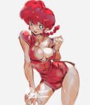  1girl blue_eyes braid breasts chinese_clothes cleavage commentary dress english_commentary genderswap genderswap_(mtf) hand_on_own_knee jet_kimchrea leaning_forward looking_at_viewer medium_breasts no_bra no_pants off_shoulder ranma-chan ranma_1/2 red_dress red_hair saotome_ranma short_dress short_hair short_sleeves side_slit single_braid slender_waist solo tangzhuang undressing wet 