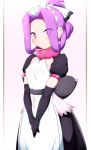  1girl alternate_costume apron black_dress blush collar danpu dress enmaided fate/grand_order fate_(series) frilled_apron frills highres long_hair maid maid_headdress medusa_(lancer)_(fate) navel_cutout puffy_sleeves purple_eyes purple_hair red_collar smile white_apron younger 