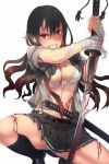  1girl bandaged_arm bandages black_footwear black_legwear black_skirt blood blood_on_face bloody_weapon bra breasts brown_hair clenched_teeth gradient_hair grey_shirt hair_between_eyes hands_on_hilt holding holding_sword holding_weapon injury itou_(onsoku_tassha) katana large_breasts loafers long_hair looking_at_viewer multicolored_hair original panties pantyshot pantyshot_(squatting) planted_sword planted_weapon pleated_skirt red_eyes school_uniform shirt shoes short_sleeves simple_background skirt socks solo squatting sword teeth torn_bra torn_clothes torn_shirt underwear weapon white_background white_bra white_panties 