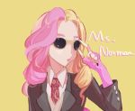  1girl black_nails blonde_hair character_name commentary detective_pikachu detective_pikachu_(movie) english_commentary featherfly flat_chest gloves long_hair ms._norman_(pokemon) multicolored_hair pink_gloves pink_hair pokemon serious simple_background sunglasses two-tone_hair upper_body yellow_background 