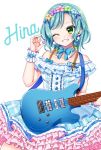  1girl ;) aqua_hair bang_dream! blue_dress blue_flower blue_neckwear blush bow bowtie center_frills character_name collarbone detached_collar dress electric_guitar flower frilled_cuffs frilled_dress frills green_eyes green_flower grin guitar hair_bow hair_flower hair_ornament hair_ribbon hikawa_hina holding_plectrum instrument mio_(melchi) one_eye_closed pink_flower plectrum pom_pom_earrings purple_flower ribbon short_hair side_braids simple_background smile solo striped striped_ribbon white_background wrist_cuffs yellow_bow yellow_flower 
