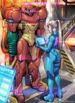 1girl absurdres ass blonde_hair blue_bodysuit blue_eyes blue_hair bodysuit breasts cable commentary dimples_of_venus english_commentary flat_ass full_body high_ponytail highres holographic_touchscreen long_hair mechanical medium_breasts metroid nose power_armor samus_aran skin_tight solo tekuho_no_habo toned varia_suit zero_suit 