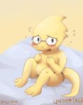  alphys anthro bed belly blue_eyes blush bodily_fluids breasts buckteeth chubby_female covering covering_breasts embarrassed eyewear female flustered furniture glasses hi_res looking_at_viewer nervous non-mammal_breasts nude on_bed reptile scales scalie sitting slightly_chubby solo sweat sweatdrop teeth thick_tail undertale video_games yajima yellow_body yellow_scales 