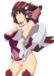  1girl absurdres armpits arms_up blush breasts brown_eyes brown_hair cameltoe cosplay covered_navel covered_nipples elbow_gloves gloves haruhisky highleg highleg_leotard highres large_breasts leotard senki_zesshou_symphogear shiny shiny_hair shiny_skin short_hair smile solo suzumiya_haruhi suzumiya_haruhi_no_yuuutsu thighhighs yukine_chris yukine_chris_(cosplay) 