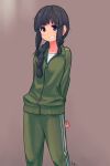  1girl alternate_costume bangs black_hair blunt_bangs braid cowboy_shot eyebrows_visible_through_hair green_track_suit kantai_collection kitakami_(kantai_collection) long_hair purple_background purple_eyes shirt sidelocks simple_background smile solo tessaku_ro track_suit white_shirt 