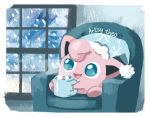  :d armchair artsy-theo chair creature cup full_body happy hat holding holding_cup indoors jigglypuff mug nightcap no_humans open_mouth pokemon pokemon_(creature) sitting smile snowing solo steam window 