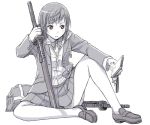  bag bangs bow bowtie bright_pupils cardigan cellphone charm_(object) collared_shirt full_body greyscale holding holding_phone holding_sword holding_weapon itou_(onsoku_tassha) jacket katana knee_up legs_apart loafers long_sleeves monochrome open_clothes open_jacket original parted_lips phone pleated_skirt school_bag school_uniform shirt shoes short_hair simple_background skirt smartphone sword tassel weapon white_background 