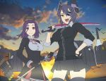  2girls :d cloud cowboy_shot eyepatch gloves hand_on_hip headgear holding holding_sword holding_weapon itou_(onsoku_tassha) kantai_collection long_sleeves looking_at_viewer mechanical_halo multiple_girls ocean one_eye_covered open_mouth over_shoulder purple_eyes purple_hair school_uniform short_hair skirt sky smile standing sword sword_over_shoulder tatsuta_(kantai_collection) tenryuu_(kantai_collection) thighhighs weapon weapon_over_shoulder yellow_eyes 